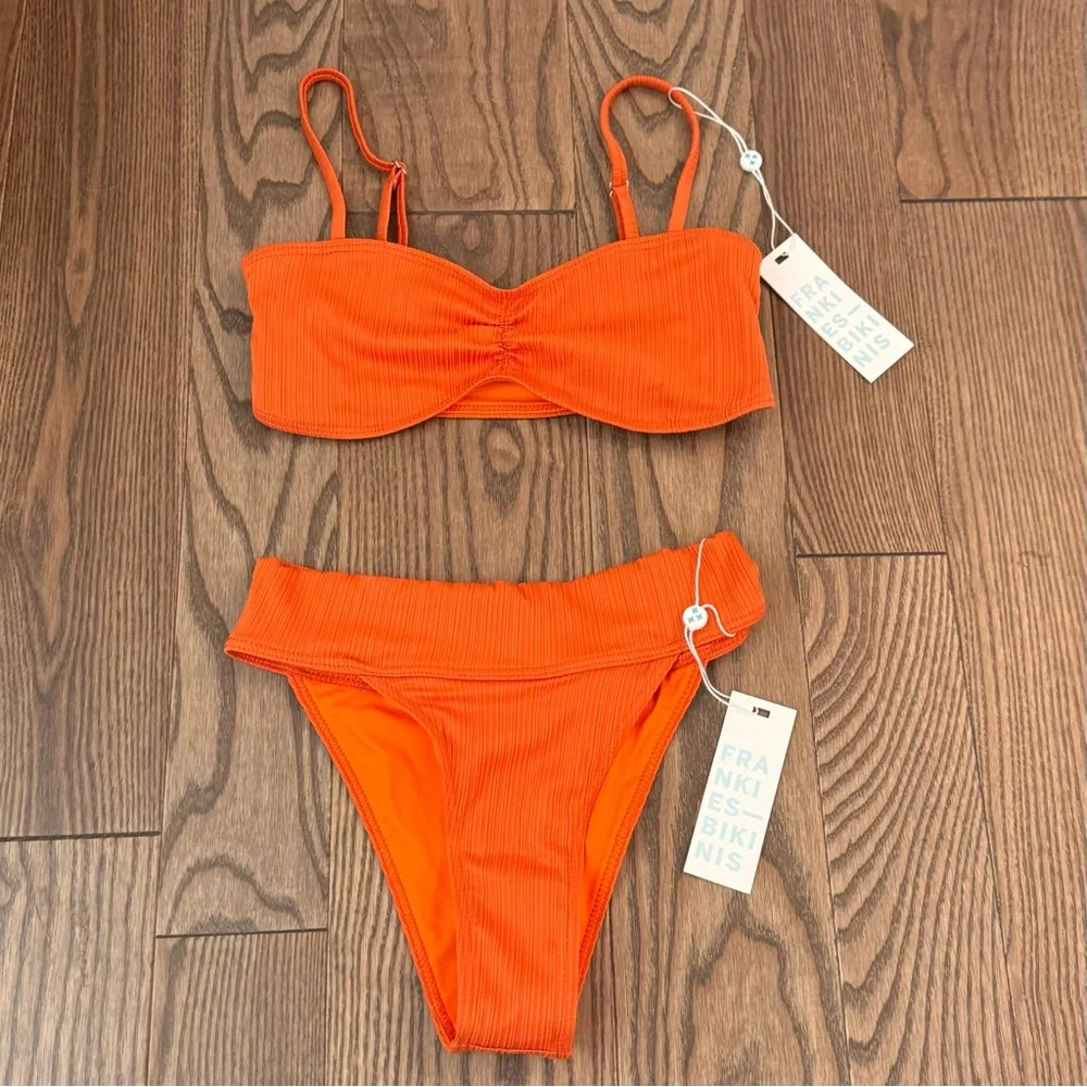Frankie’s Bikinis Set Cleo Plisse Top Nick Plisse Cheeky Bottom Marigold Orange